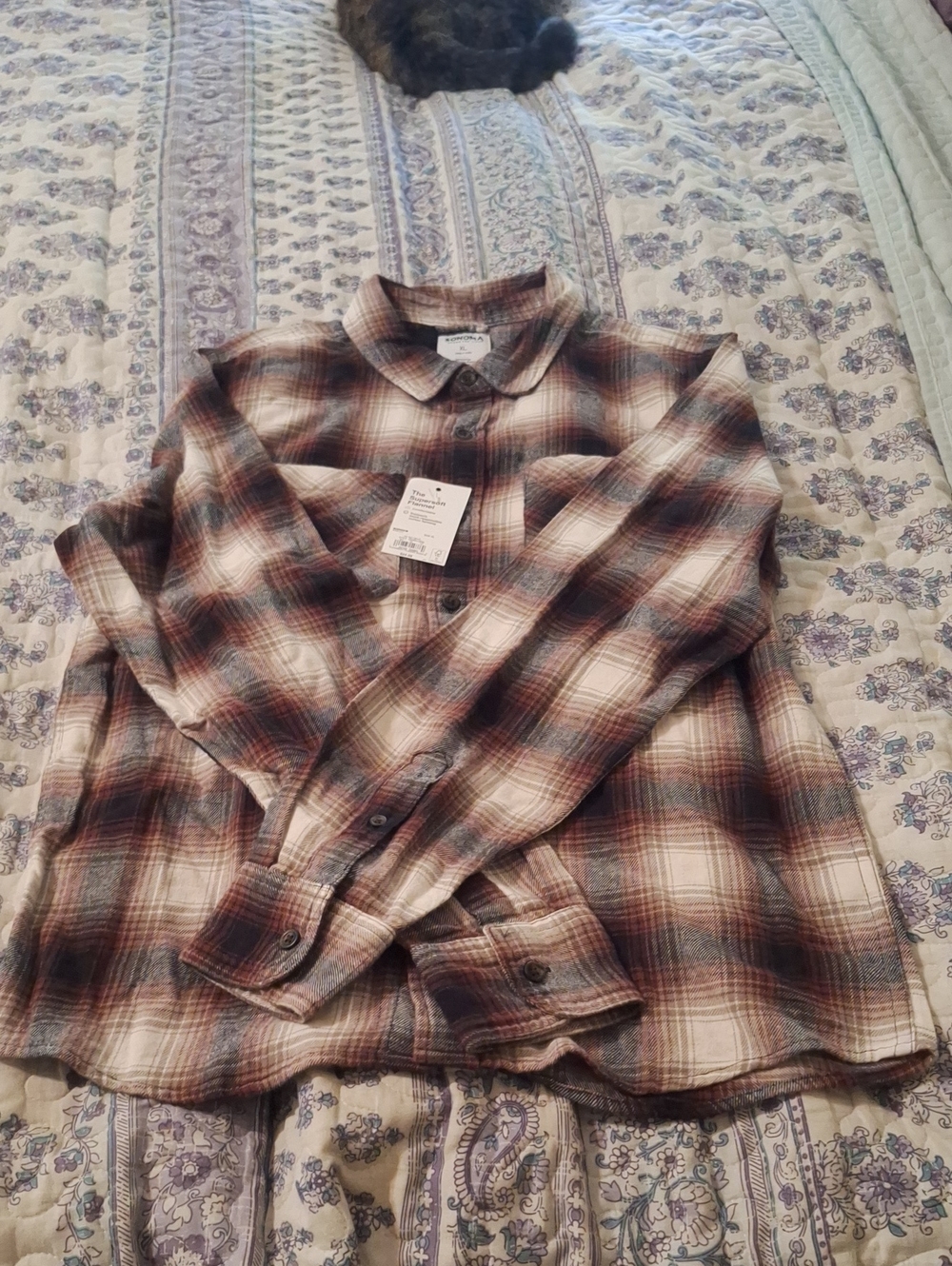Sonoma Plaid Button-Down Flannel Shirt in Brown and Cream